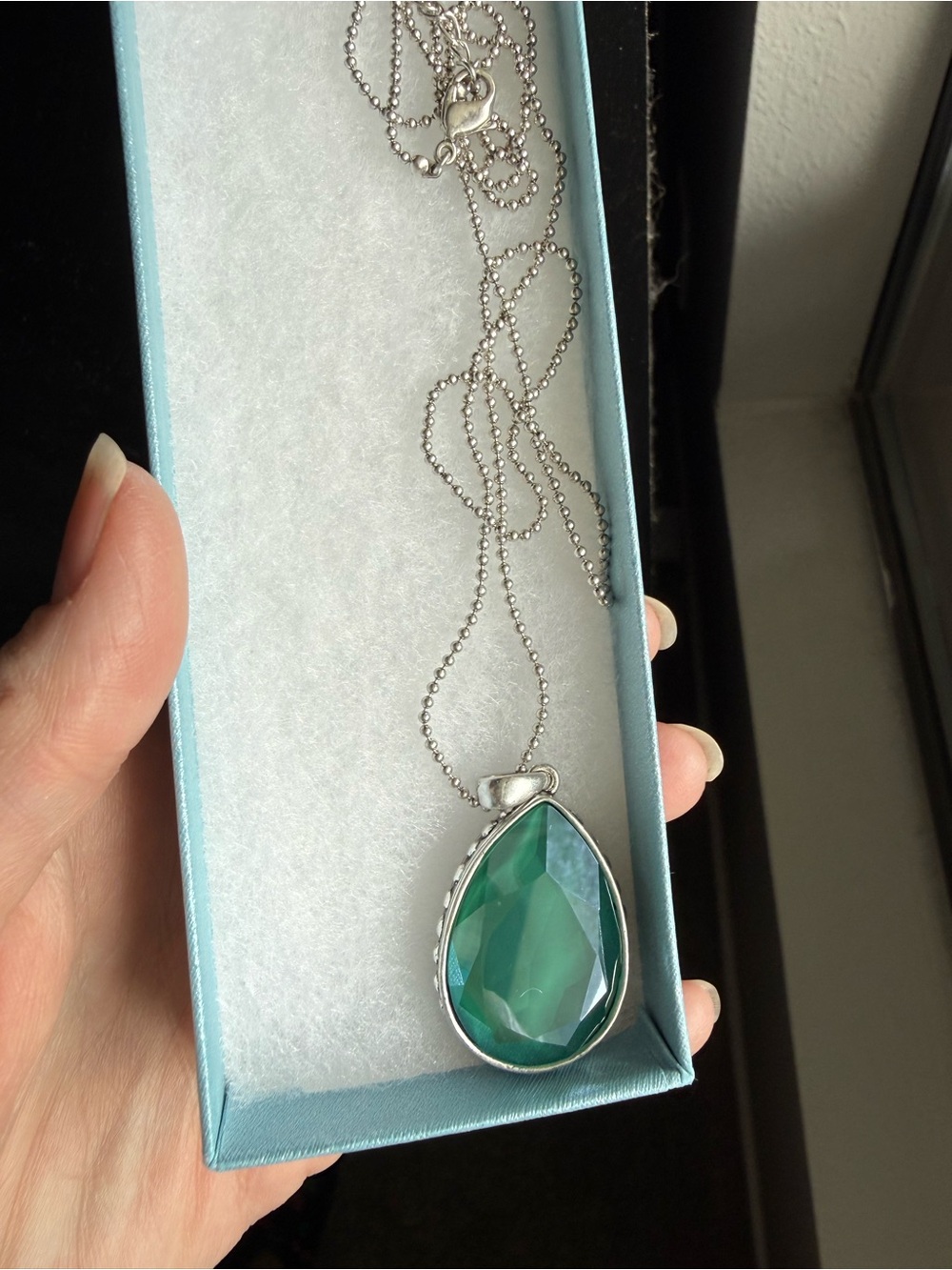 Touchstone Crystal Teardrop Pendant Necklace in Green and Silver - Picture 5 of 5